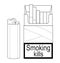 Open cigarettes pack with gas lighter. Contour