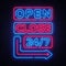 Open Close neon signs vector. Neon Signboards Design template, light banner, night signboard, nightly bright advertising