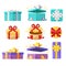 Open, close and top view gift boxes. Vector flat icons set. Present and surprise holiday illustration