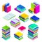 Open and closed book and stacked books. Multicolor vector isometric icons set. Library, study and education symbols