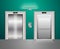 Open and Closed Modern Metal Elevator Doors. Hall Interior in green blue Colors
