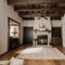 Open concept living room with fireplace wooden beams black door frames and autumn colors