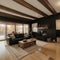 Open concept living room with fireplace wooden beams black door frames and autumn colors