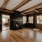 Open concept living room with fireplace wooden beams black door frames and autumn colors