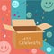 Open corrugated carton box on colorful and face smile background. let`s celebrate. Colorful holiday illustration. flat style.