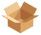 Open delivery box. Empty cardboard package. Isometric crate icon