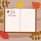 Open Daily Diary notepad, list schedule, goals, to do, acorn, autumn leaves. Personal planning and organisation