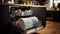 Open door of dishwasher of full of plates and glasses in dark scandi Kitchen interior.