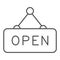 Open door signboard thin line icon, shopping concept, open hanging sign on white background, Open signboard symbol in