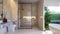 Open the door to minimal style modern luxury bathroom with nature view 3d animation render