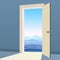 Open Door to nature way. Landscape minimal, symbol freedom, new way exit, discovery, opportunities. Motivation concept