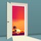 Open Door to nature way. Landscape sunset sea, ocean, island, tropical, palms, symbol freedom, new way exit, discovery