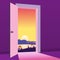 Open Door to nature way. Landscape sunset sea town, symbol freedom, new way exit, discovery, opportunities. Motivation