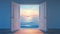 Open door to serene ocean. Concept of calmness, dreams, relaxation, freedom, adventure, journey, new beginnings, the