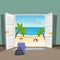 Open doorway to the beach. Go on vacation. Luggage at the door.