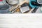 Open drawer with different utensils and cutlery in kitchen,  above view, space for text