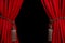 Open elegant red front curtains on black background. Space for text