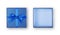 Open empty blue square gift box with shiny satin bow