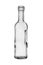 An open empty bottle of clear, colorless glass. Isolated on a white background