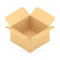 Open empty diagonally placed cardboard box putting goods personal things 3d icon realistic vector