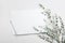 Open empty notebook and eucalyptus leaf on gray table from above. Minimalistic working desk. Flat lay styling.