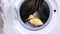 In the open empty washing machine , a yellow little cute duckling sits. He tries to jump out