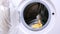 In the open empty washing machine , a yellow little cute duckling sits. He tries to jump out