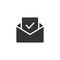 Open envelope check mark icon. Email black outline with confirm document silhouette.