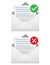 Open envelope icons with few paragraphs , green checked sign and red denial mark.