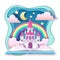 Open fairy tale book with castle with clouds, stars and moon. Cut out paper art style design. Origami