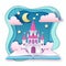 Open fairy tale book with castle with clouds, stars and moon. Cut out paper art style design. Origami