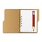 Open file folder with documents and pencil. Blank cardboard ring binder folder with stack of empty paper sheets