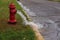 Open fire hydrant water flowing from open fire hydrant on street and sidewalk