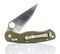 Open folding pocket knife with matte blade and textured dark green composite plastic cover plates on steel handle isolated on