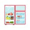 Open fridge with products. Fresh fruits and vegetables, sweets, eggs and sauces. Kitchen refrigerator. Flat vector