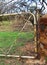 OPEN GATE ATTACHED TO RUSTED METAL POST