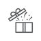 Open gift box with confetti and flying cover - surprise concept in pixel perfect thin line icon with editable stroke.