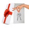 Open gift box with hand and keys on white