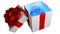 Open gift box with red ribbon and bow