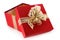 Open gift box with tilted lid and gold bow