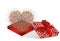 Open the gift red box with flying multicolored confetti shape of hearts