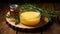 Open glass jar of cream honey stands on stand made of natural wood. There are sprigs of rosemary nearby. Composition on background