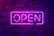 Open glowing purple neon sign or LED strip light. Realistic vector illustration