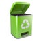 Open green ecological trash can with recycling sign