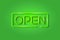 Open green letters glowing 3D symbol, card template on green background. Vector illustration