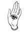 Open hand with the all-seeing eye on the palm. Occult design vector illustration. Dotwork ink tattoo flash design. Vector