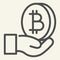 Open hand with bitcoin line icon. Palm with cryptocurrency vector illustration isolated on white. Crypto coin in arm