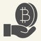 Open hand with bitcoin solid icon. Palm with cryptocurrency vector illustration isolated on white. Crypto coin in arm