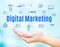 Open hand with Digital Marketing word and feature icon,Internet