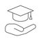 Open hand with graduation cap linear icon